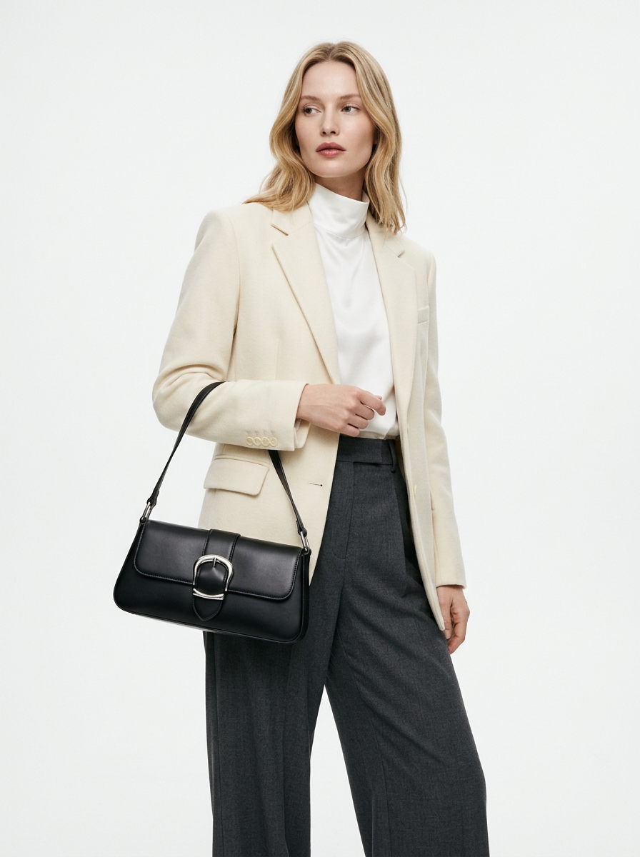 Noir Smooth Leather Baguette Shoulder Bag