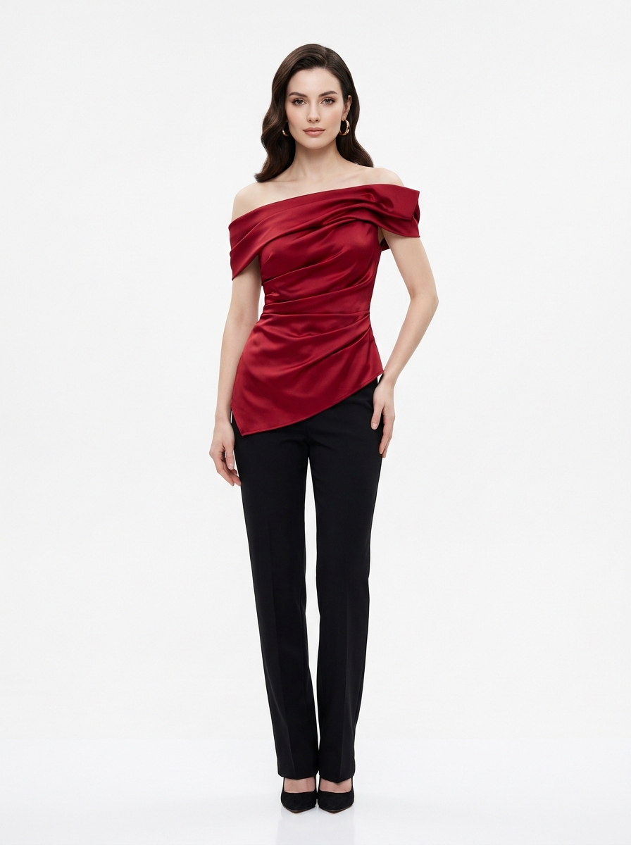 Sculpted Ruby Satin Asymmetrical Blouse