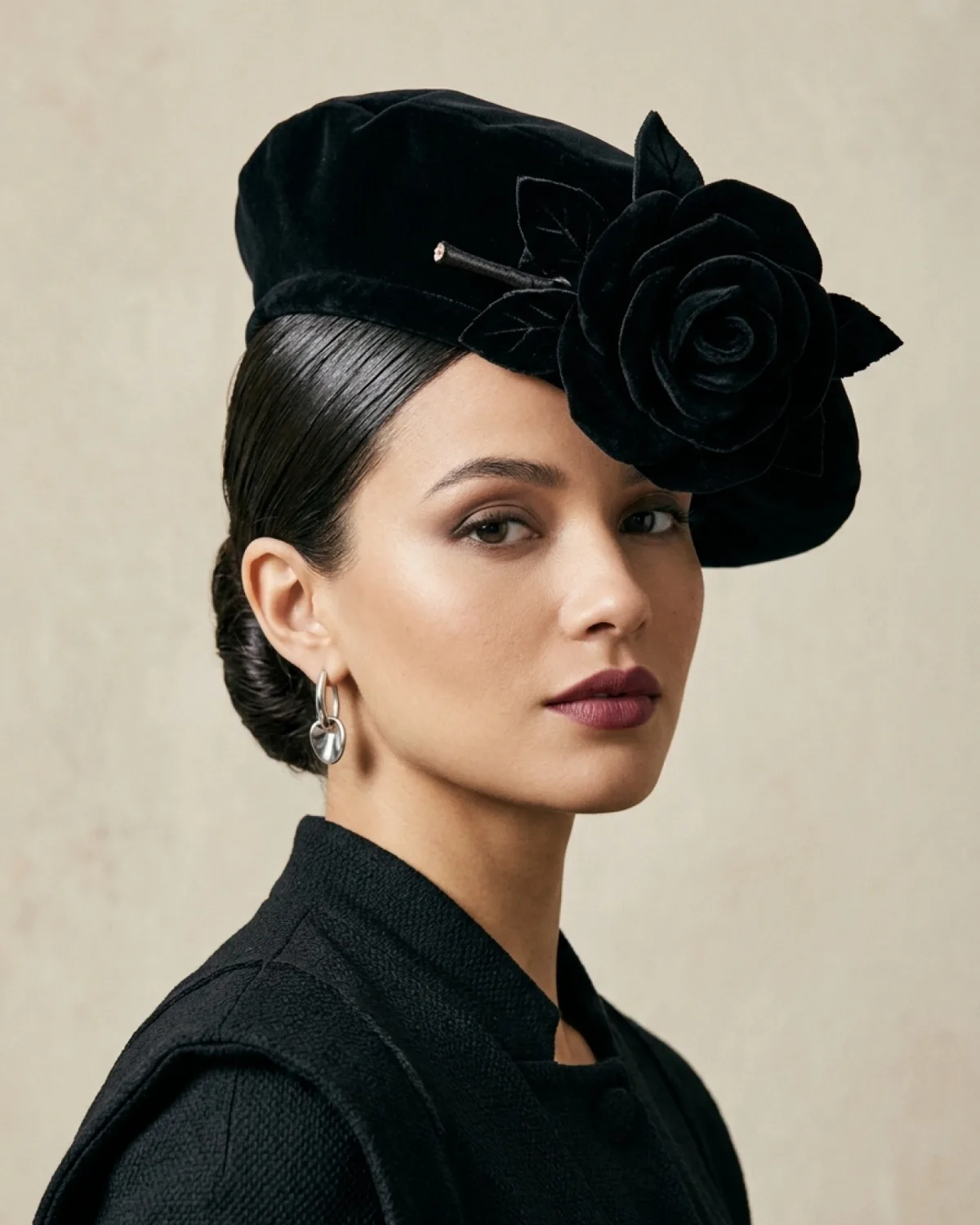 Noir Velvet Rosette Beret