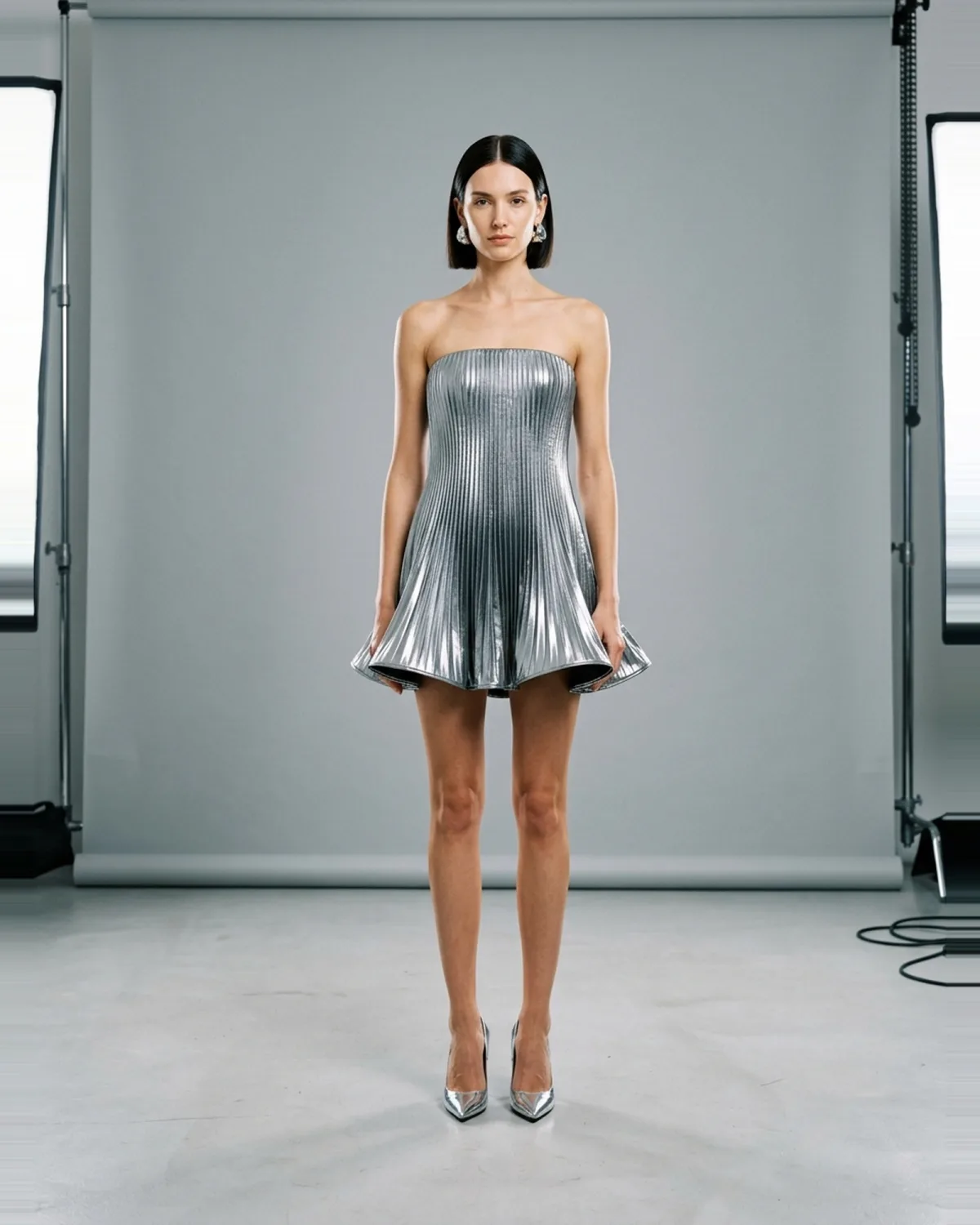Liquid Silver Metallic Pleated Dress